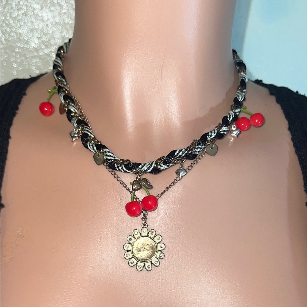 Betsey Johnson Red Cherry & Sunflower Layered Necklace